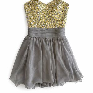La Femme Women’s Cocktail Dress Gray Chiffon Silver Sequined Gold Jeweled